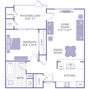 1 bed 1 bath floor plan, Bedroom 10' 6" x 10' 4", Kitchen, Dining Room, Living Room 17' 2" x 11' 7", Patio/Balcony 9' 10" x 7', 1 closet, 1 linen closet