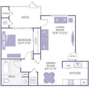 1 bed 1 bath floor plan, Kitchen, Dining Room 8' 4" x 7' 4", Living Room 14' 8" x 11' 11", Patio and storage, Bedroom 10' 4" x 10', washer and dryer, 1 closet, 1 linen closet